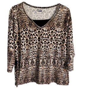 Basic Editions Animal Print Top with 3/4 Sleeves Women's Large